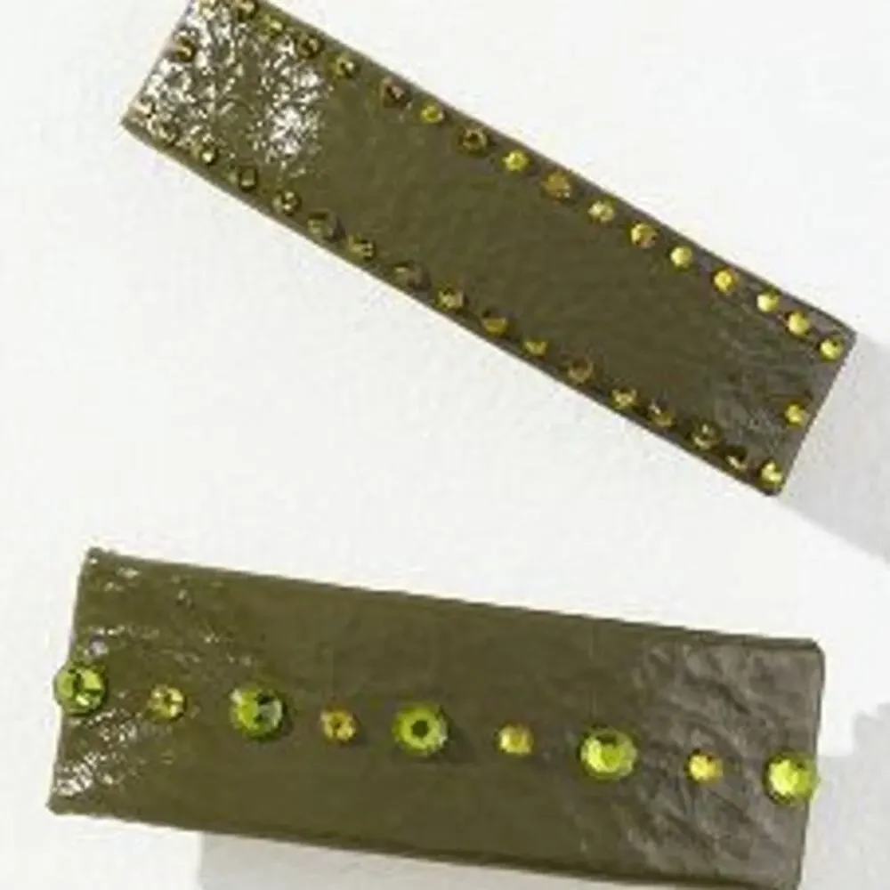 ANTHRO VIOLET & BROOKS NWT Paige Leather Barrettes Crystals Set/2 Olive Green